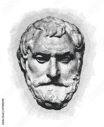 Thales pen sketch illustration. Greek philosopher and scientist. Poster, Wall Decoration, Postcard, Social Media Banner, Brochure Cover Design Background. Vector Pattern. 