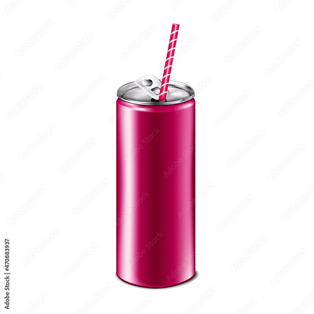 Drink aluminum can with drinking straw mockup. Blank aluminium beverage packaging. Vector illustration for design Drink aluminum can with drinking straw mockup. Blank aluminium beverage packaging. Vector illustration for design
