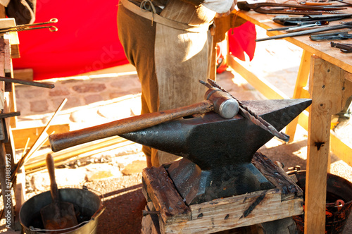 Blacksmith workshop at medieval fair in Provins, France. 