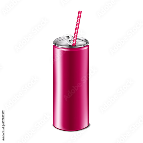 Drink aluminum can with drinking straw mockup. Blank aluminium beverage packaging. Vector illustration for design