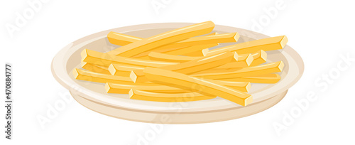 French fries on plate. Bowl of fried salty potatoes, crispy potato chips, cartoon vector illustration
