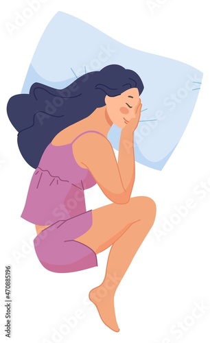 Girl in fetal position. Sleepy woman figure in bedroom, vector illustration