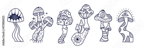 Collection of vector magic mushrooms in monochrome style. 