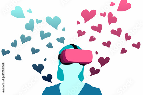 Virtual Reality VR user and hearts. VR headset user and hearts floating in background. Virtual Reality fantasy concept. Love, dating, relationship experience concept. 