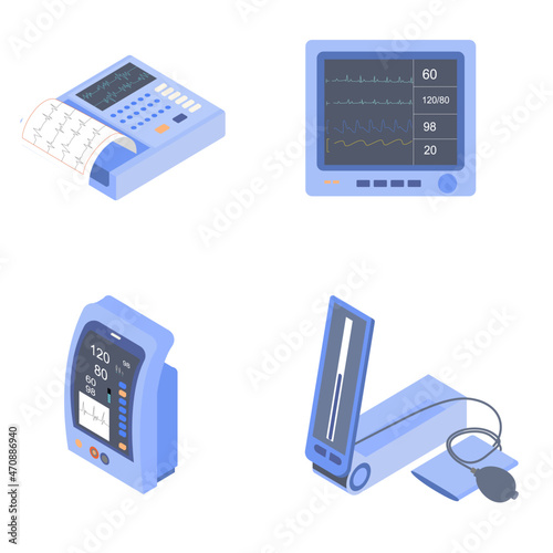 Set of medical instruments. ECG or ECK machine, Sphygmomanometer, Desktop NIBP.
