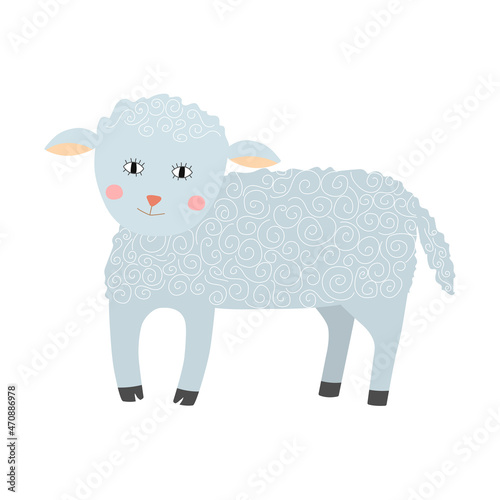 Cute sheep stands on four legs. Funny domestic animal. Childish vector illustration in flat style.