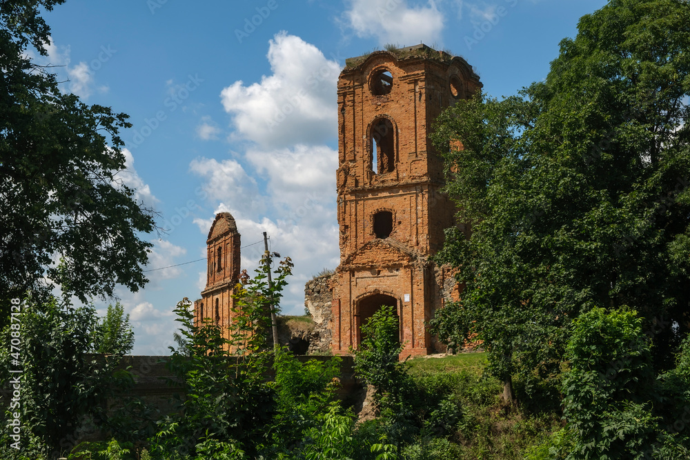 View of the ruins of the old castle in Korets, Rivne region, Ukraine. August 2021