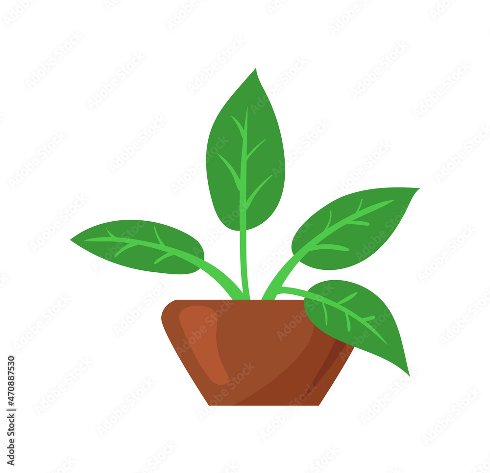 Home flower in pot. Green houseplant in brown garden vase for indoor bookshelves, flat icon vector illustration Home flower in pot. Green houseplant in brown garden vase for indoor bookshelves, flat icon vector illustration