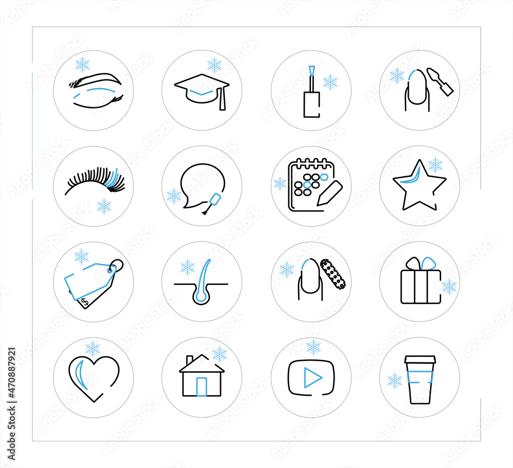 Set of winter icons for nail Studio and beauty salon. Vector icons for eyelash extensions, eyebrow correction, hair removal, manicure, pedicure, stories. Trendy stylish icons in black and pink. icons