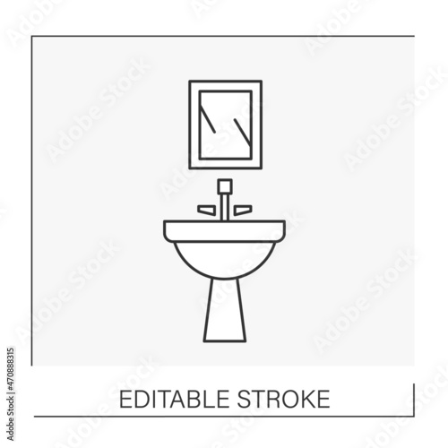  Decor line icon. Small mirror and washbasin inside bathroom. Design element. Furniture concept. Isolated vector illustration. Editable stroke