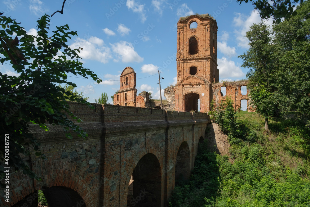 View of the ruins of the old castle in Korets, Rivne region, Ukraine. August 2021