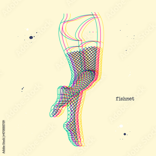 Female legs in tights. Fishnet stocking. Woman body part. Glitch style