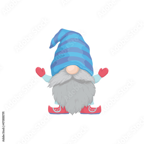 A gnome in blue clothes with a beard and a striped hat. Christmas gnome for boys, clipart
