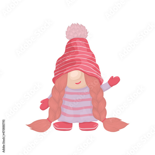 Leprechaun girl in pink clothes with pigtails and a striped hat. Christmas gnome for girls, clipart