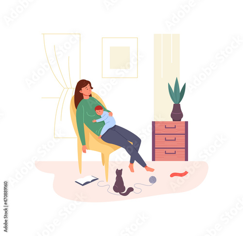 Mom fell asleep with baby. Tired sleepy mom holding infant, vector illustration