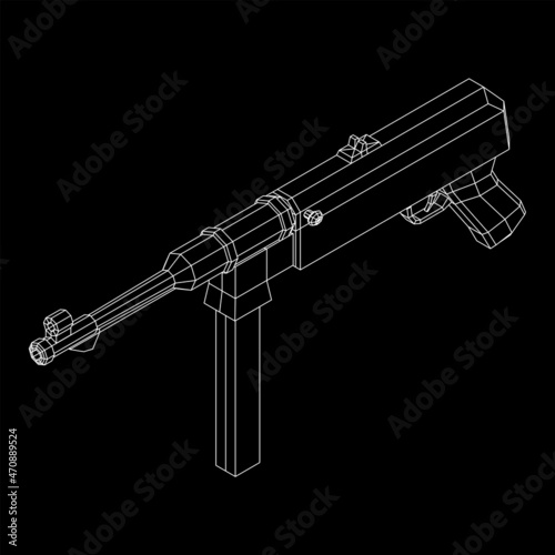 Submachine gun german MP 40 world war 2 firearms pistol. Wireframe low poly mesh vector illustration.