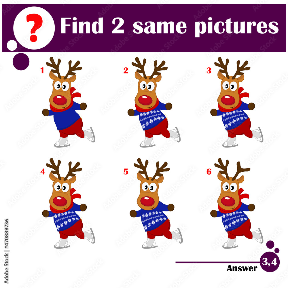 Fototapeta premium The educational kid matching game for preschool kids with easy gaming level, he task is to find similar objects, to compare items and find two same deer