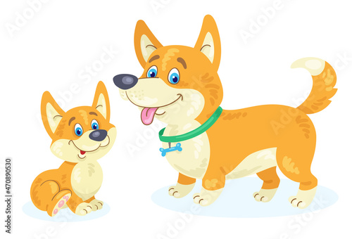 Funny adult corgi dog with a cute puppy. In cartoon style. Isolated on white background. Vector flat illustration.