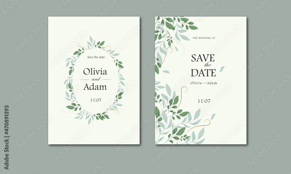Wedding invitation with leaves in olive color