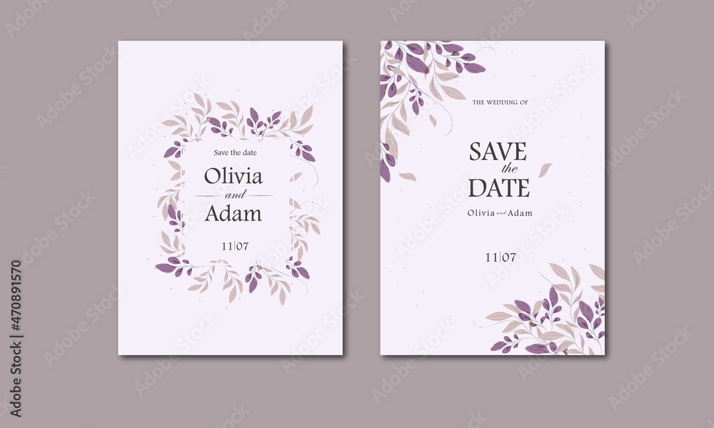 Wedding invitation with leaves in light pastel color