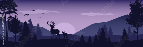 Deer with a small fawn against the background of a dark forest. Landscape vector illustration.