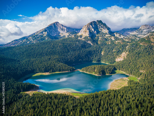 Black lake, Crno Jezero, with mountain views in Durmitor park, Montenegro. photo