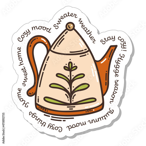 Colorful hand-drawn harvest sticker with teapot and lettering in doodle style isolated on white background. Cute vector collection for seasonal decoration.