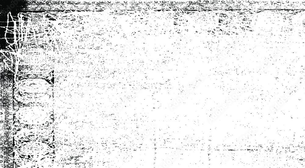 Obraz premium Monochrome texture composed of irregular graphic elements. Distressed uneven grunge background. Abstract vector illustration. Overlay for interesting effect and depth. Isolated on white background.