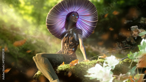 Tableau sur toile A beautiful young dryad girl with a glowing mushroom on her head, she sits carelessly on the fur and looks into the distance with her magical blue eyes into the sunny dense autumn forest