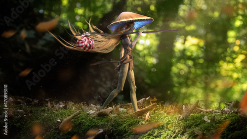 A charming young dryad girl with a mushroom head carelessly travels through a green forest with a small bag on a stick, she has long blonde hair, her heels walk on green moss. 3d photo