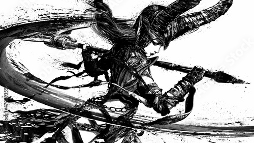 Bild auf Leinwand Beautiful demoness Maleficent with huge horns in plate armor, rushes into battle with a scythe, she makes a wave leaving a black splotch on a white background with a lot of expressive blots