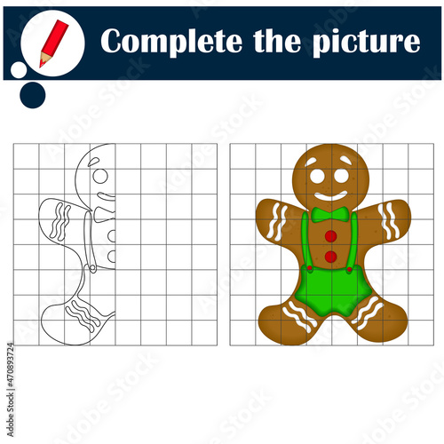 Copy the grid game, complete the educational game for kids. Printable kids activity sheet with cute gingerbread man. Learning to draw symmetry
