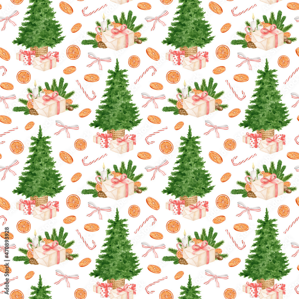 Watercolor Christmas seamless pattern. Hand painted christmas tree with gift boxes, candy cane, dried orange fruits isolated on white background. New year festive repeated design for wrapping paper. Watercolor Christmas seamless pattern. Hand painted christmas tree with gift boxes, candy cane, dried orange fruits isolated on white background. New year festive repeated design for wrapping paper.