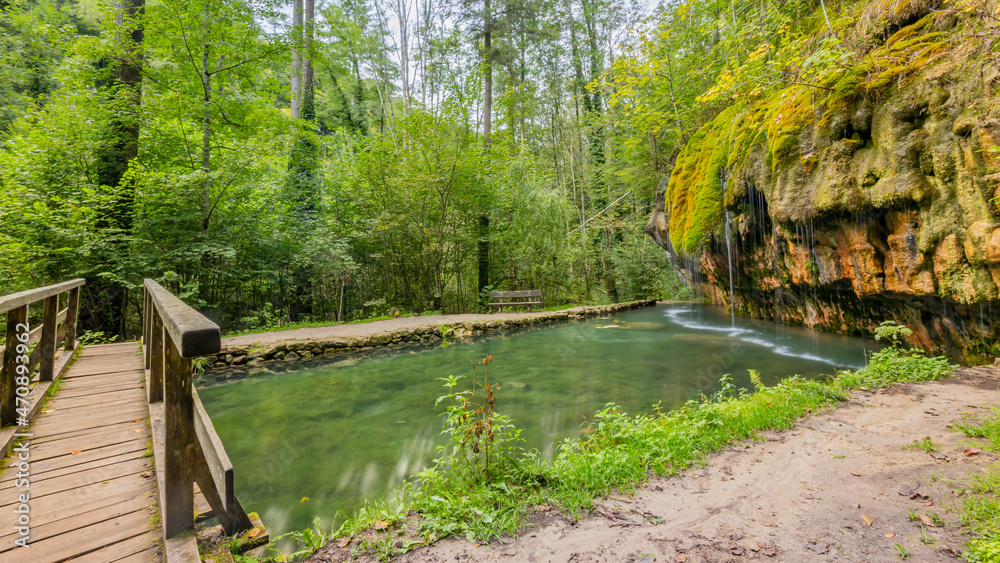 Kallektuffquell waterfall, Mullerthal Trail, wooden bridge, crystal clear calcareous water in a basin, falling water, moss covered rock formation, trees in the background, Luxembourg. Long exposition