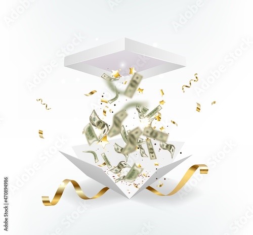 Dollar paper currency explosion and flying out the box. Win money prizes vector banner.