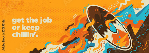 Abstract illustration in retro style with vinyl, splashing shapes and slogan. Vector illustration.