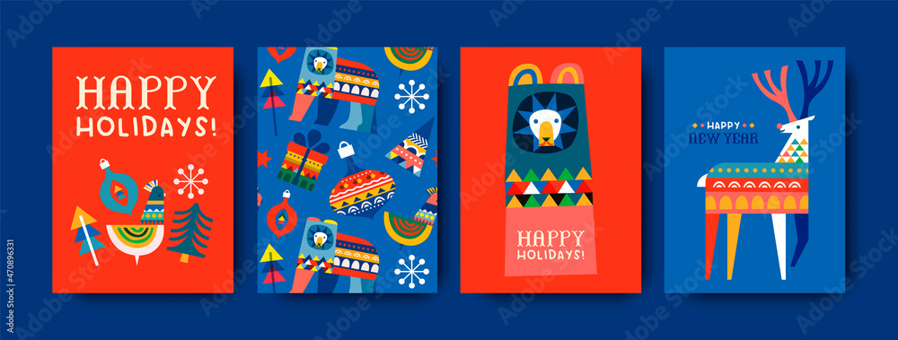 Happy holiday cute winter folk animal card set - obrazy, fototapety, plakaty 
