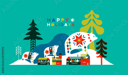 Happy holiday winter folk city polar bear card