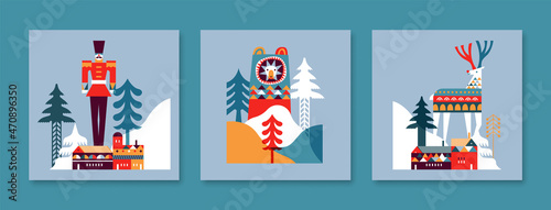 Winter scandinavian animal forest card set