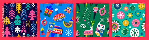 Winter holiday folk christmas seamless pattern set