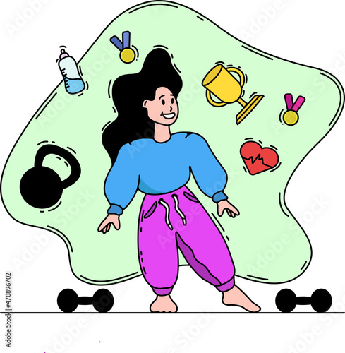 Cartoon fitness woman with sports equipment. Vector illustration.