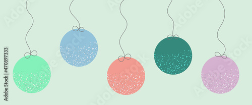 Merry christmas banner with hanging glitter shiny christmas balls in pastel colours. Vector illustration.