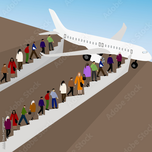 concept of international emigration, air travel.  multiracial group of people boards an airplane at the airport. Flat Vector Illustration