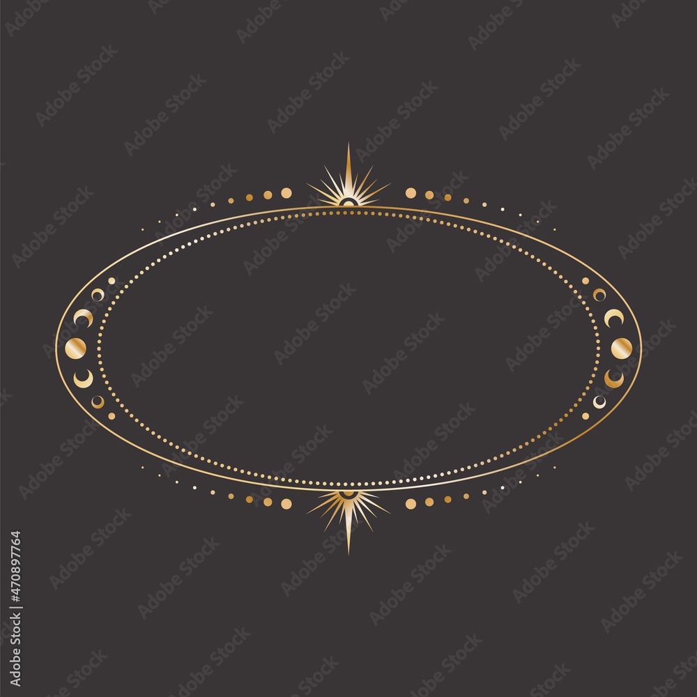 Vector mystical celestial oval sticker with a golden frame with stars, moon phases, crescents and copy space. Ornate elliptical shiny magical isolated label with a place for text