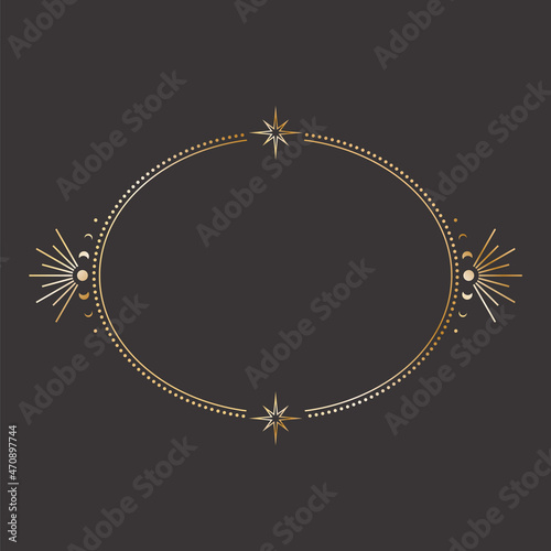 Vector mystical celestial sticker with a golden frame with stars, moon phases and copy space. Ornate oval shiny magical isolated label with moons and place for text