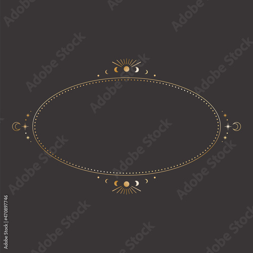 Vector mystical celestial oval sticker with a golden frame with stars, moon phases, crescents and copy space. Ornate elliptical shiny magical isolated label with a place for text