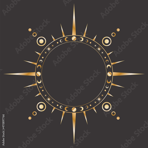Vector mystical celestial round sticker with a golden frame with stars, moon phases, crescents and copy space. Ornate shiny magical isolated label with beams and place for text