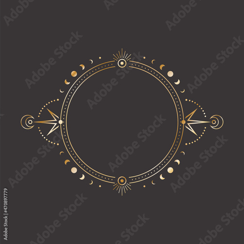 Vector mystic celestial sticker with a golden frame with crescents, moon phases and copy space. Ornate round shiny magical isolated label with moons and place for text