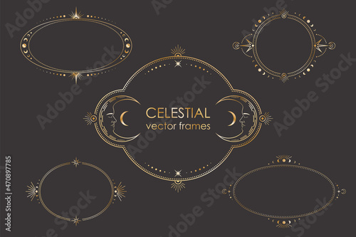 Vector mystic celestial oval and round stickers set with a golden frames with stars, moon phases, crescents and copy space. Collection of ornate shiny magical isolated labels with place for text