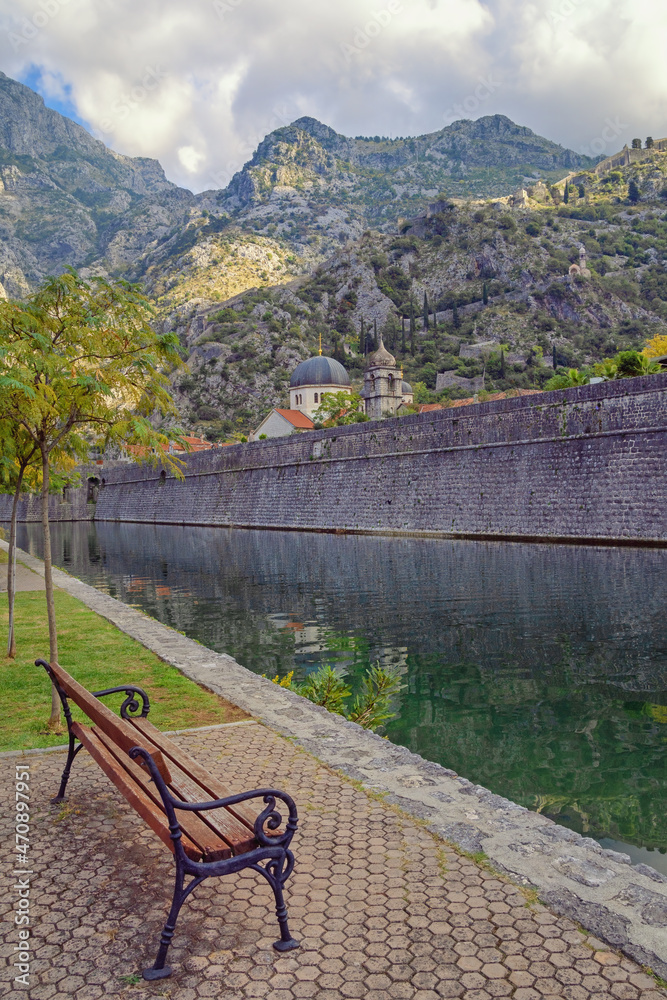 Walls of ancient fortress of Old Town of Kotor in autumn day. Skurda river. Montenegro Walls of ancient fortress of Old Town of Kotor in autumn day. Skurda river. Montenegro
